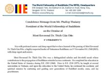 Condolence Message from Mr. Phallop Thaiarry President of the World Fellowship of Buddhists on the Demise of Most Reverend Dr. Thích Giác Đức